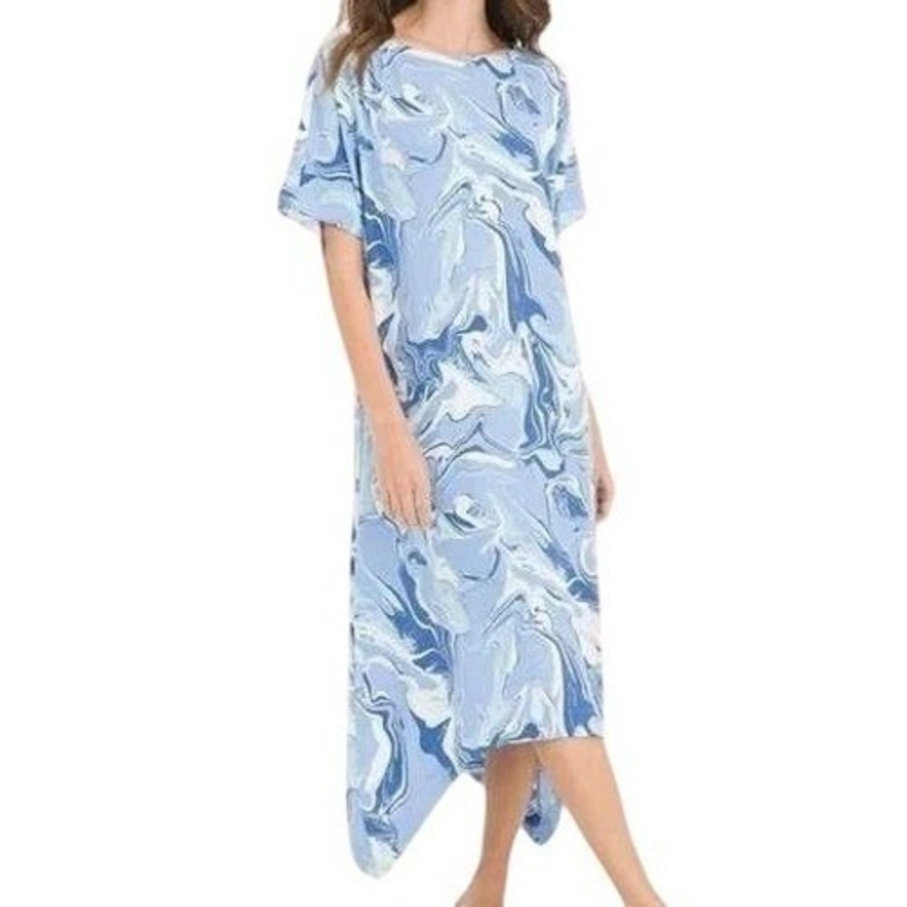 Chico's Womens 8/10 Abstract Marble Print Midi Dress Blue White NWT